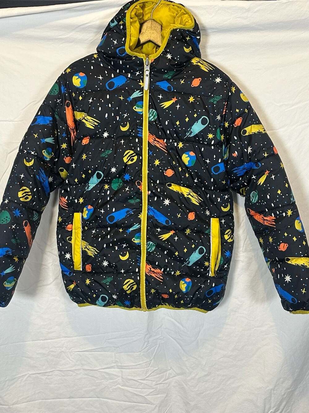 Hanna Andersson Reversible Puffer Jacket Size 12 Space Print Yellow